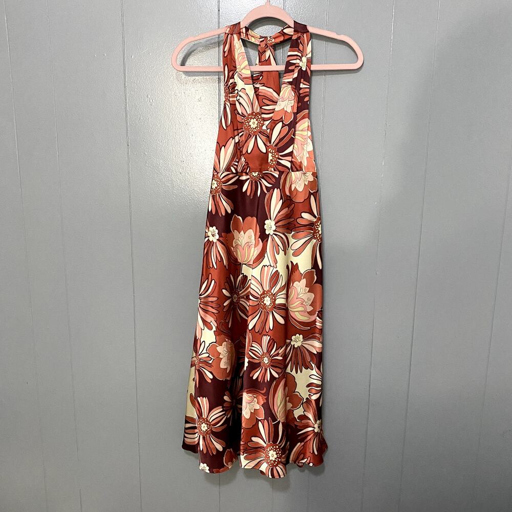 Vintage Ann Taylor Loft Red Floral Halter Silk Blend 70s Retro Midi Dress 8